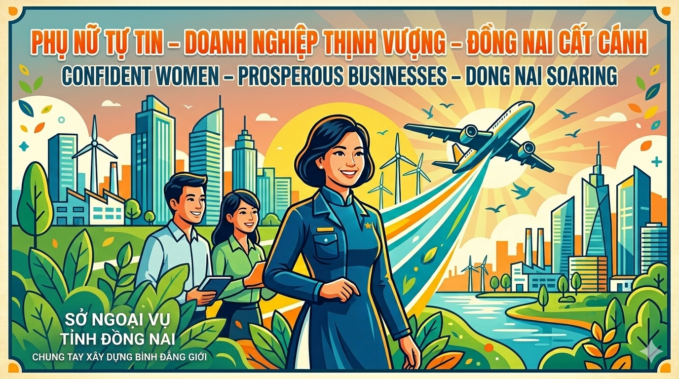 "Phụ nữ tự tin – Doanh nghiệp thịnh vượng – Đồng Nai cất cánh.(Confident Women – Prosperous Businesses – Dong Nai Soaring.)"